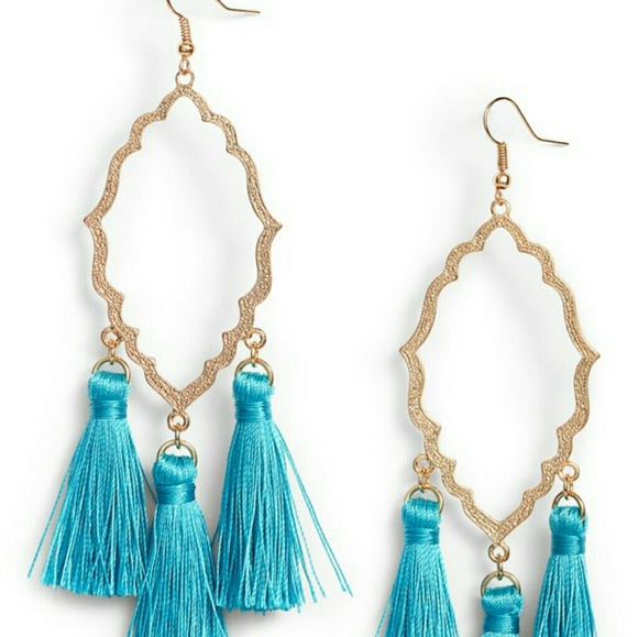 NEW Teal Moroccan Long TASSLE Earrings NWT Boxed - Picture 6 of 6